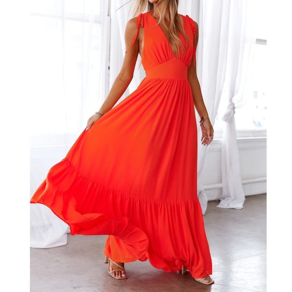 Hello Molly Stand Out Heart Maxi Dress Orange Red Tiered Sleeveless Chiffon 6